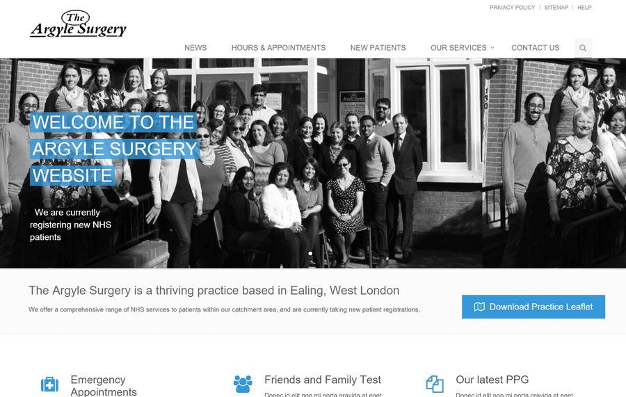 The Argyle Surgery website homepage, showing the practice masthead, navigation and welcome banner