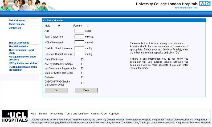 Cardiovascular risk calculator, showing the data entry form for a primary risk assessment