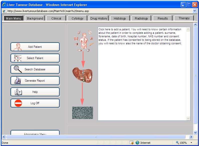 Liver Tumour Database main menu, listing options to add, select and search patient records